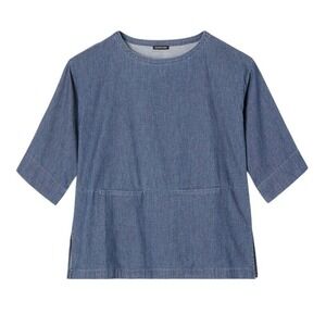 Eileen Fisher Denim Blue Organic Cotton Boxy Top Size XL Airy‎ Twill Bateau Neck
